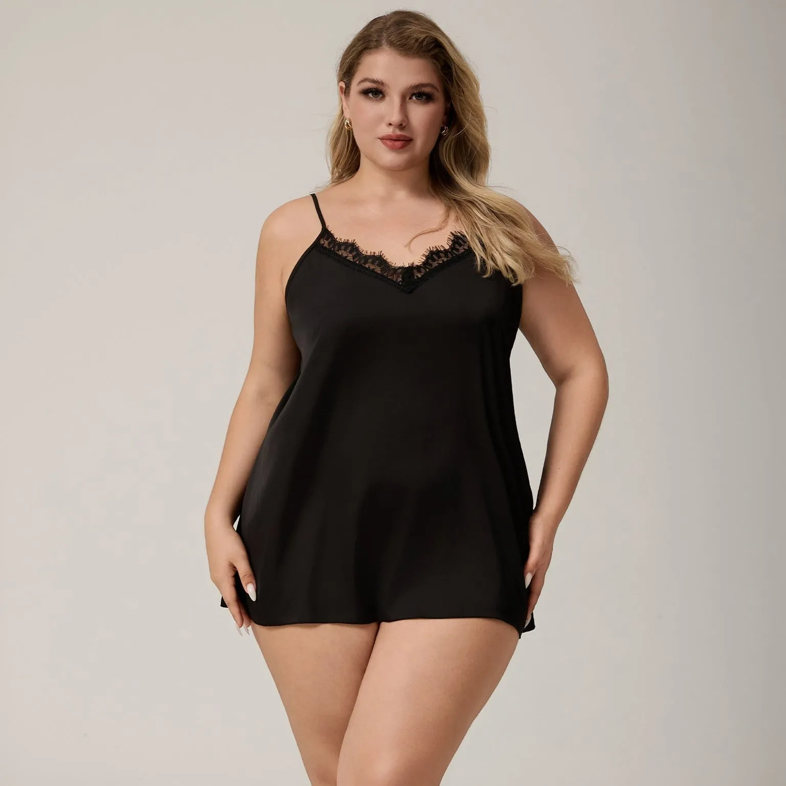 The Noir Desire | Women's Plus-Size Ice Silk Satin Suspender Chemise Nightdress sold by Negative