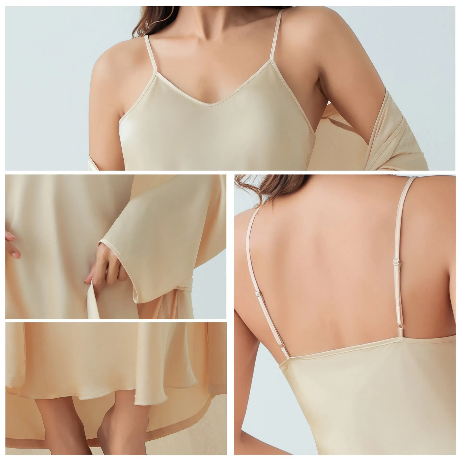 The Champagne Luxe | Women's Satin Suspender Chemise & Long Robe Two-Piece Set sold by Negative product image thumbnail 3