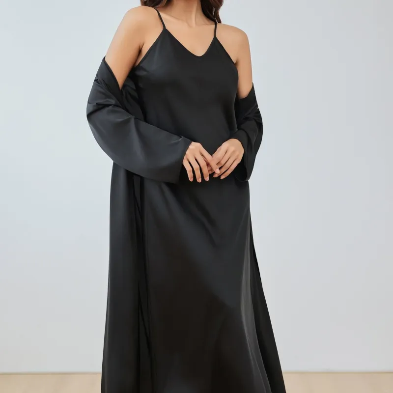 The Champagne Luxe | Women's Satin Suspender Chemise & Long Robe Two-Piece Set made by Negative