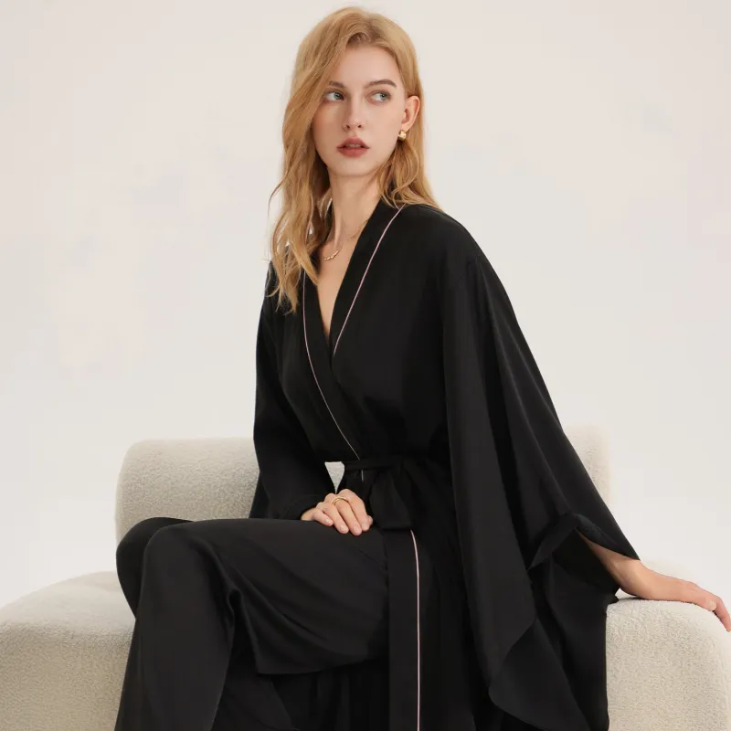 The Noir Elegance | Women's Loose-Sleeve Satin Long Cardigan Robe made by Negative