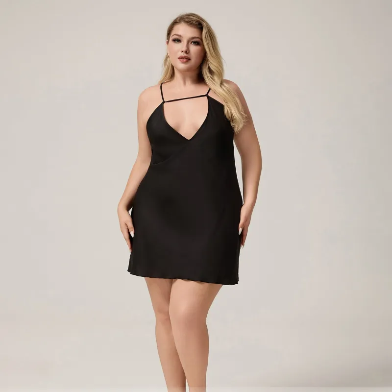 The Ice Silk Temptation | Black Strap V-Neck Mini Sleep Dress made by Negative