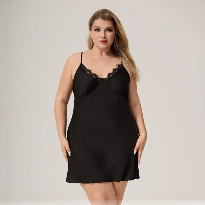 The Lace Seduction | Black Lace Satin Strap Mini Sleep Dress made by Negative