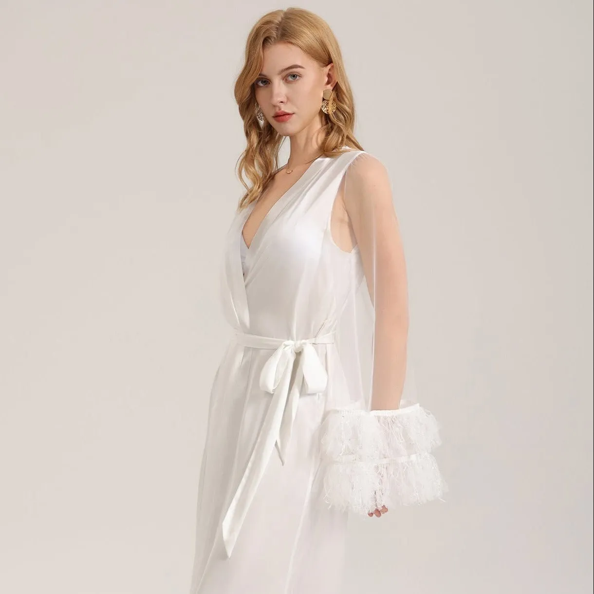 The Sheer Temptation | White Satin Mesh Long Robe Sleepwear sold by Negative product image thumbnail 2