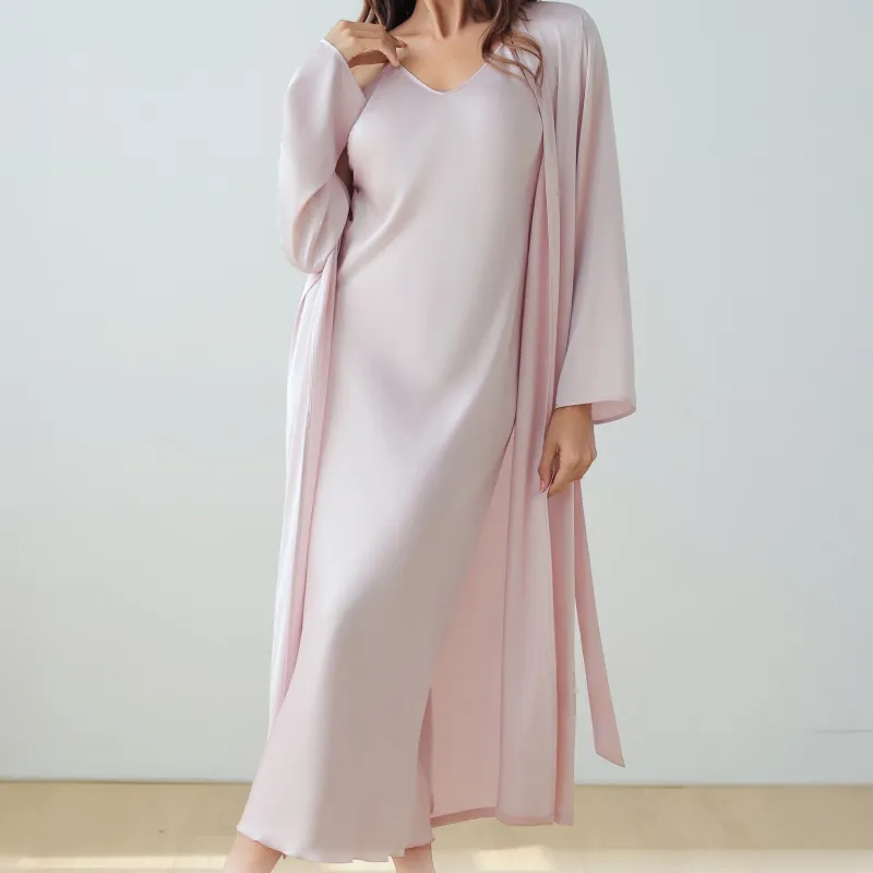 The Satin Elegance | Solid Color Long-Sleeve Slip Dress & Robe Two-Piece Set made by Negative