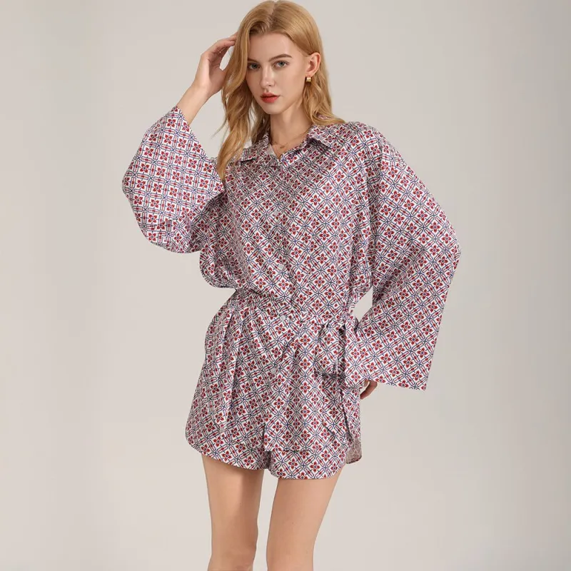The Retro Geometry | Women's Satin Long-Sleeve Geometric Print Short Pajama Set made by Negative