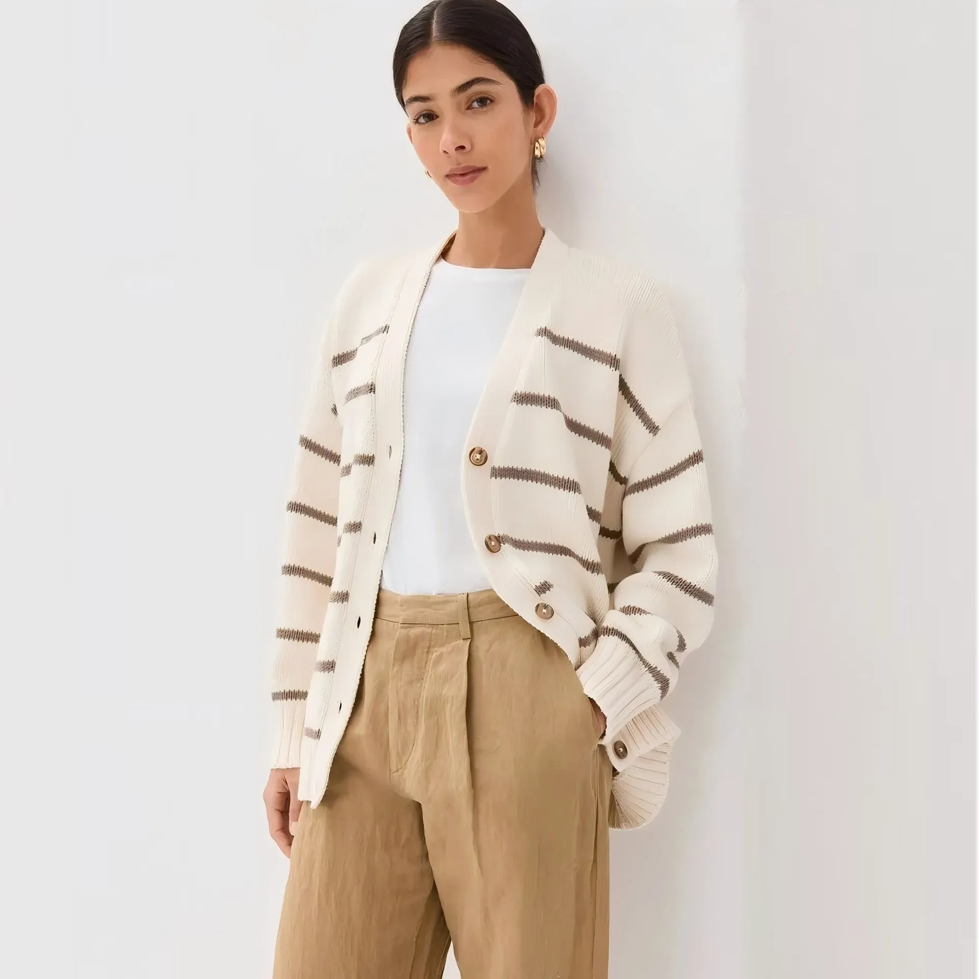 Women’s Color-Matching V-Neck Cardigan Sweater – Loose Fit Cotton Blend Multi-Button Knitwear, Summer 2025 Collection FD sold by Negative product image thumbnail 4