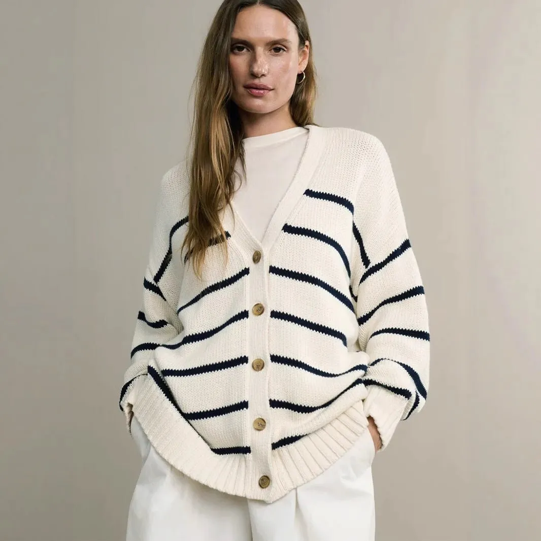 Women’s Color-Matching V-Neck Cardigan Sweater – Loose Fit Cotton Blend Multi-Button Knitwear, Summer 2025 Collection FD sold by Negative product image thumbnail 2