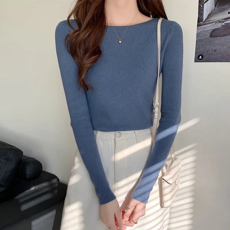 Women's Elegant Slim Fit Pullover Sweater – One-Word Collar, Long Sleeve FD sold by Negative product image thumbnail 5