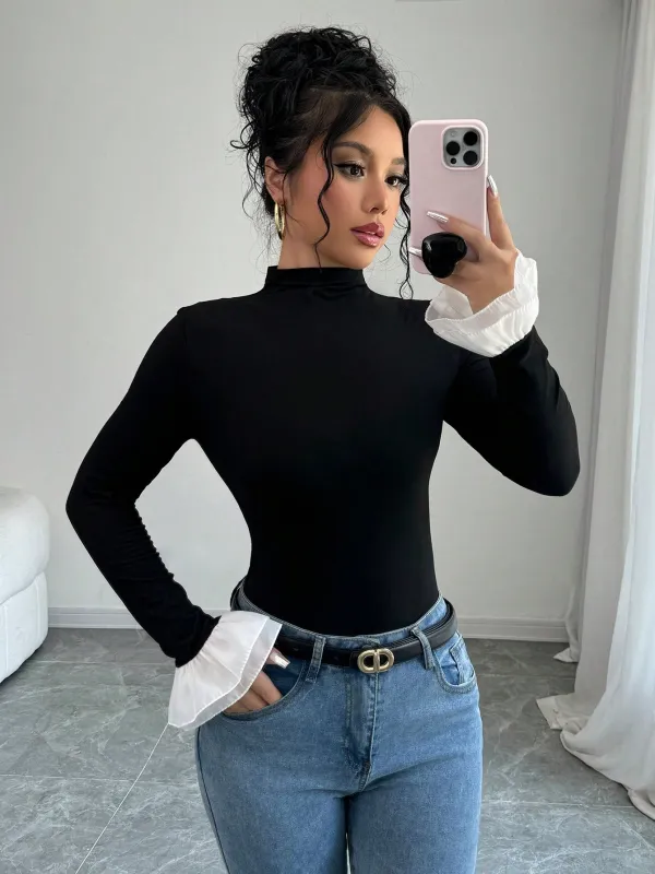 Raffinéa Women's Spring & Autumn Mock Neck Color-Block Bell Sleeve Fitted T-Shirt FD sold by Negative