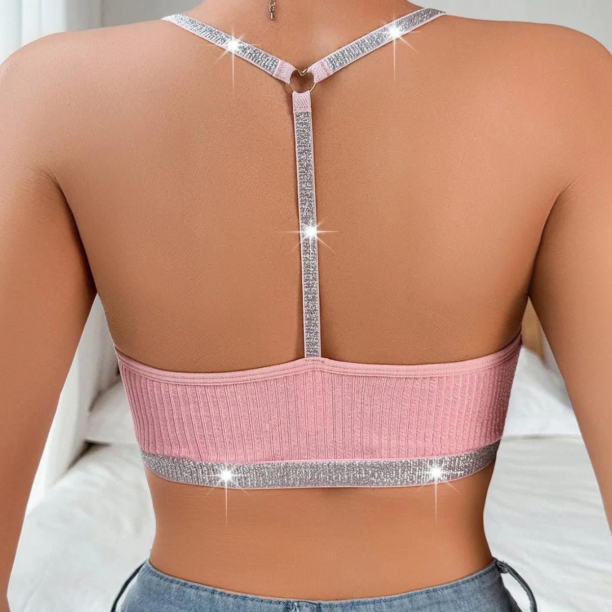 Cami top bra lace splicing halter neck silver ribbon large backless can be worn outside FD sold by Negative product image thumbnail 4