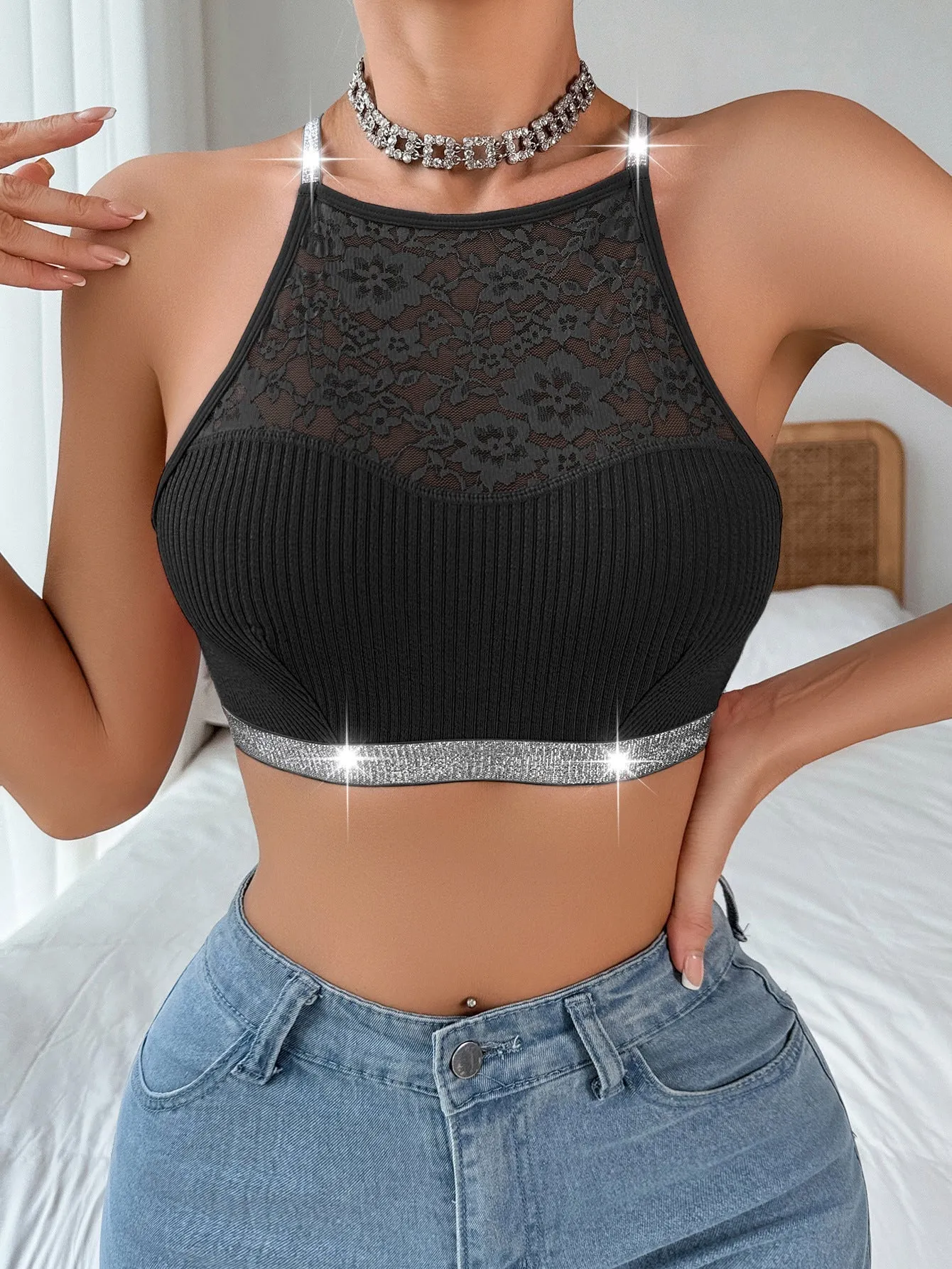 Cami top bra lace splicing halter neck silver ribbon large backless can be worn outside FD sold by Negative product image thumbnail 2