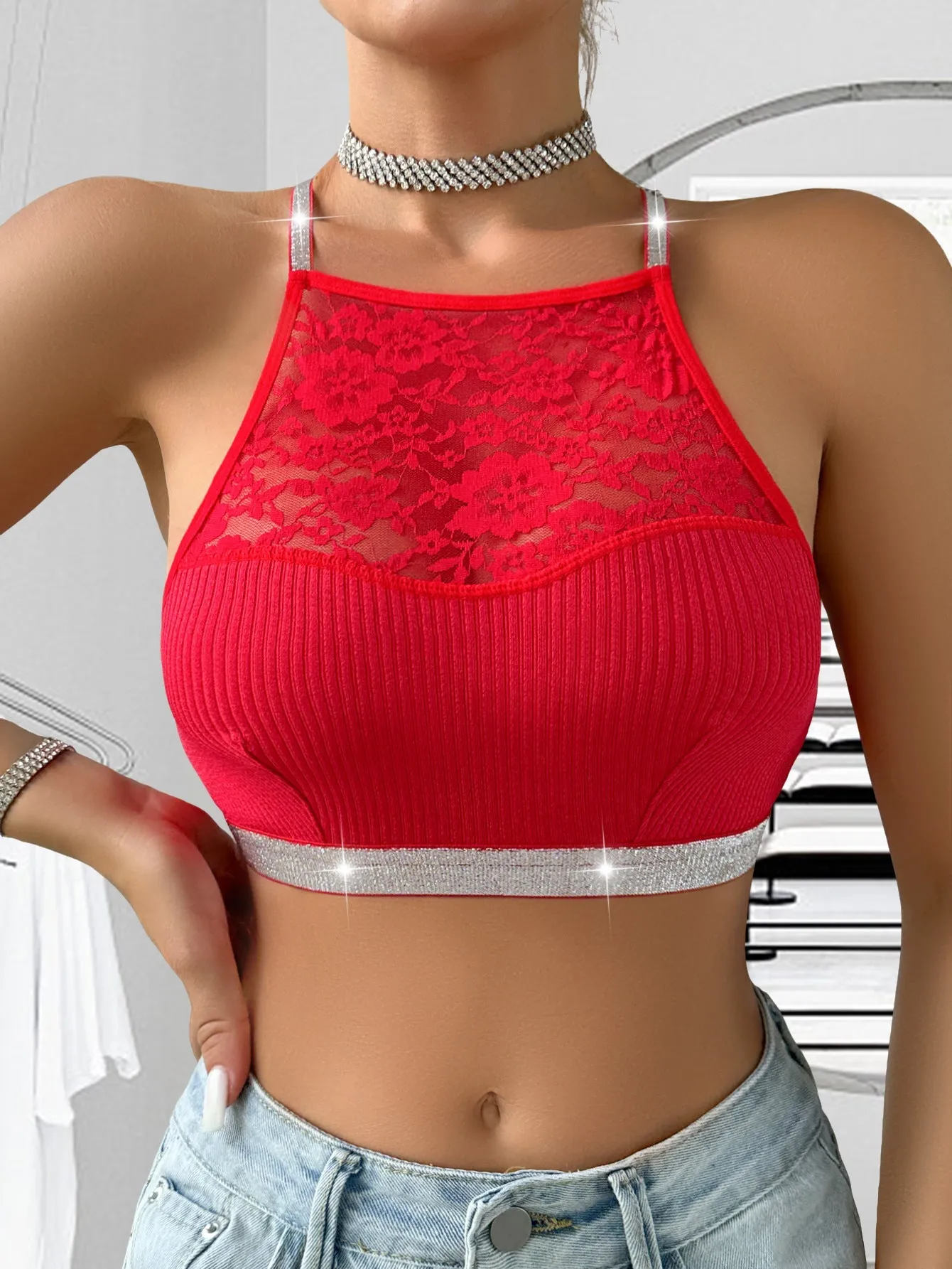 Cami top bra lace splicing halter neck silver ribbon large backless can be worn outside FD sold by Negative product image thumbnail 3