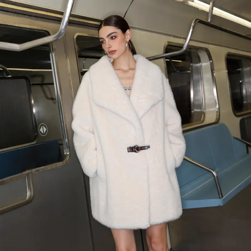 Women’s Long White Faux Fur Coat with Belt – Lapel Collar Elegant Winter Jacket FD made by Negative