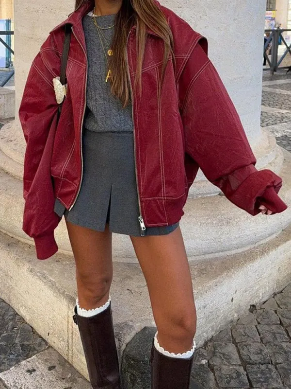 Women’s Burgundy PU Leather Jacket | Short Lapel Belted Street Motorcycle Coat (FD) made by Negative