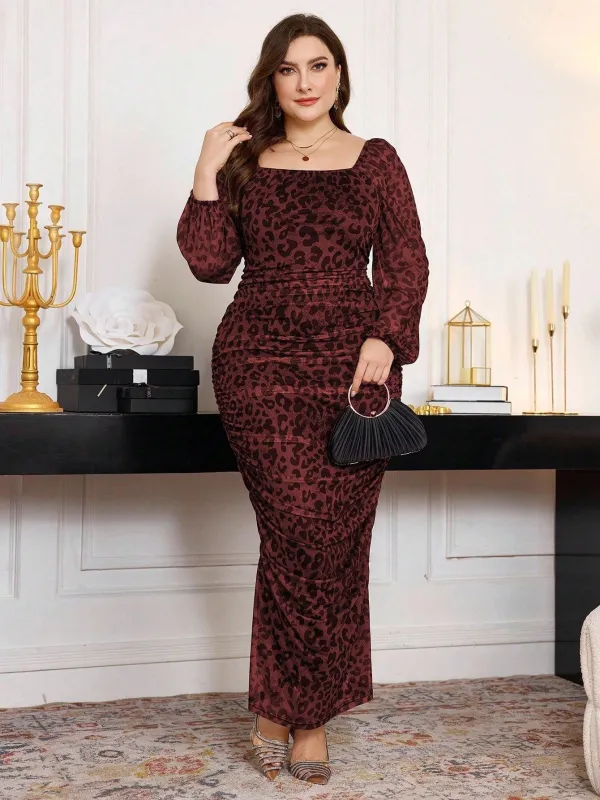 Plus Size Women Square Neck Ruffle Elastic Net Leopard Print Lantern Sleeve Fitted Bodycon Midi Dress FD made by Negative