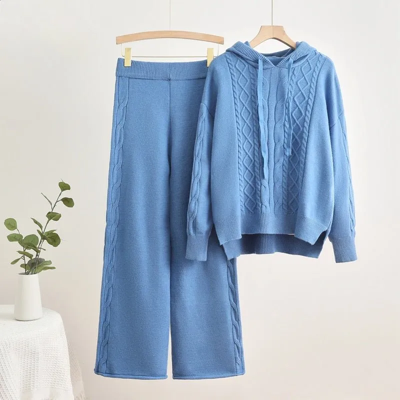 Knitted hooded drawstring threaded sweater wide-leg pants two-piece set FD made by Negative