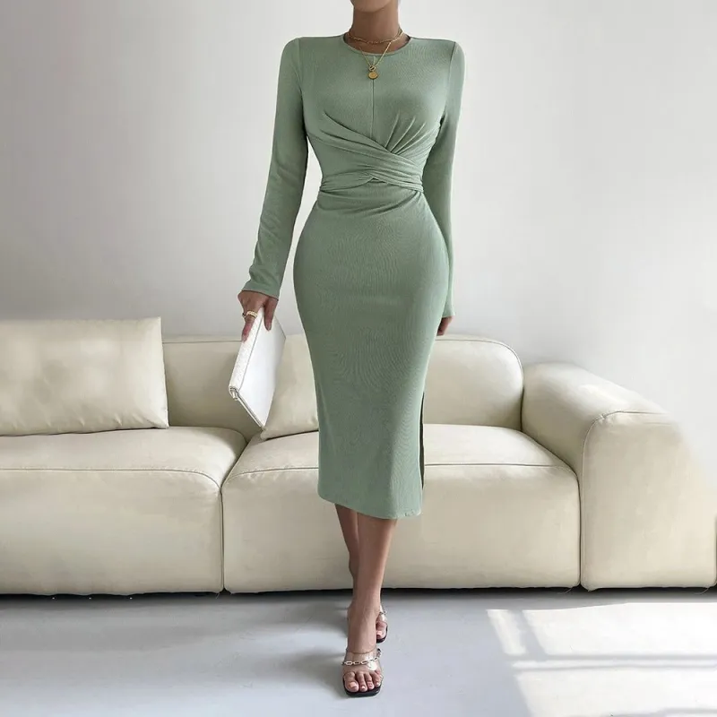 2025 new round neck slim bodycon mid-length dress long-sleeved dress FD made by Negative