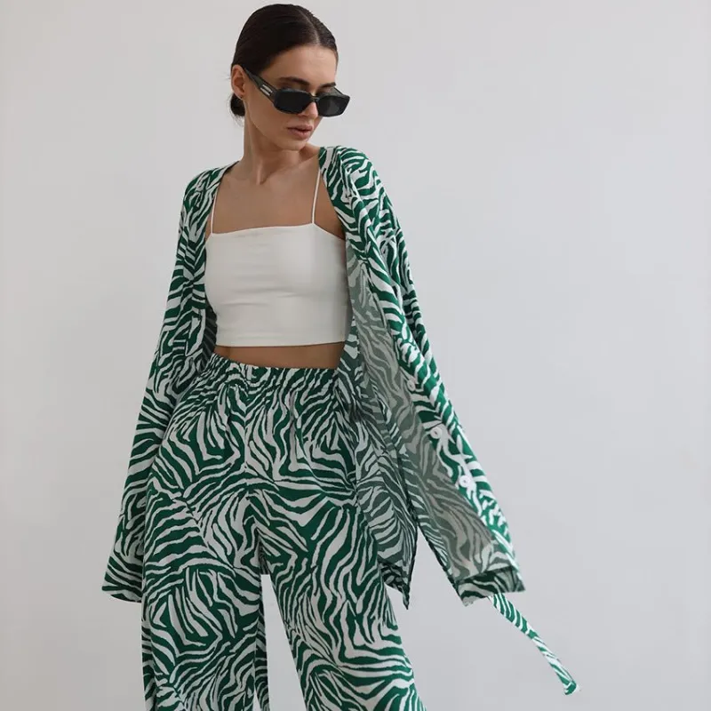 2025 Summer Cool Zebra Print Lace-up Long Sleeve Pants Two-piece Elastic Casual Loungewear FD made by Negative