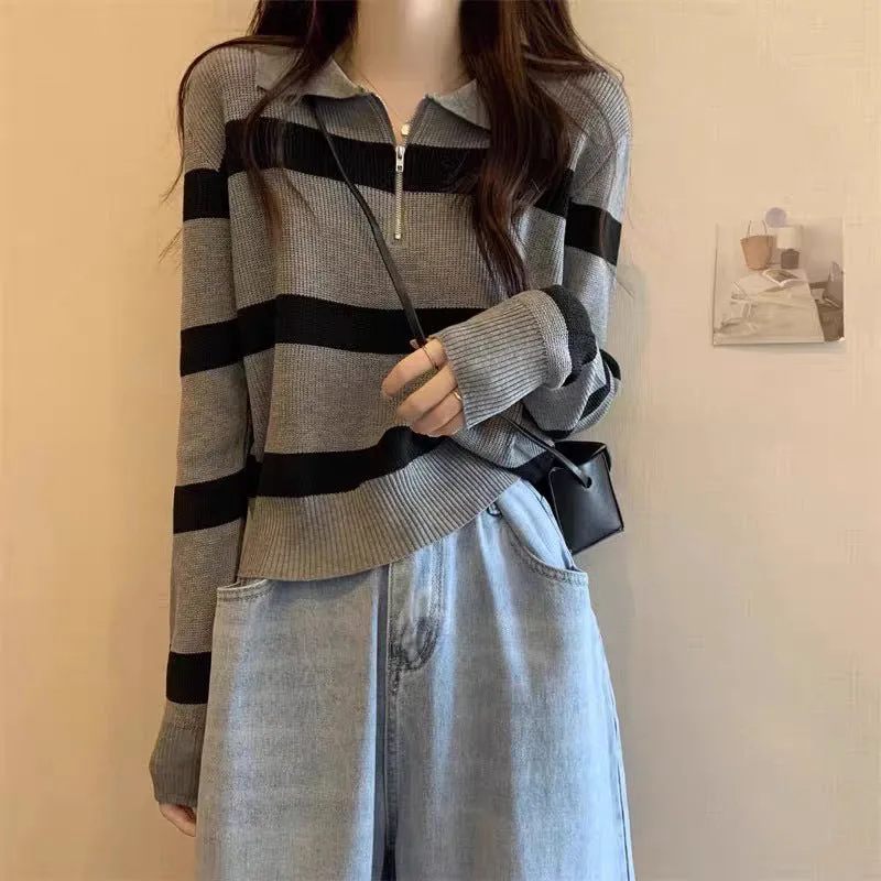 Women’s Striped Polo-Collar Pullover Sweater – Loose-Fit Japanese & Korean Casual, Autumn 2025 sold by Negative product image thumbnail 5