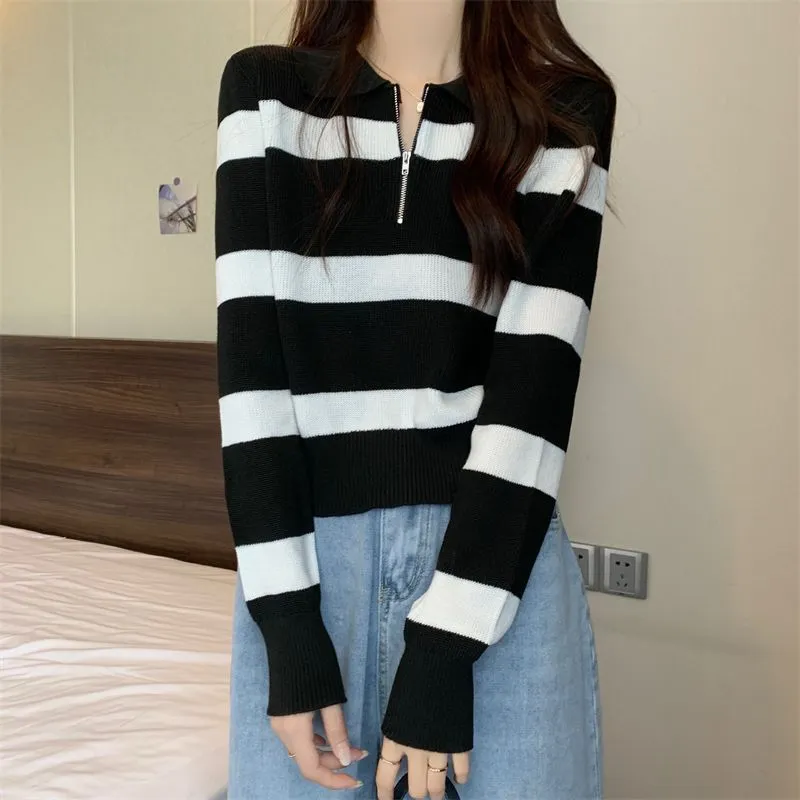 Women’s Striped Polo-Collar Pullover Sweater – Loose-Fit Japanese & Korean Casual, Autumn 2025 sold by Negative product image thumbnail 2