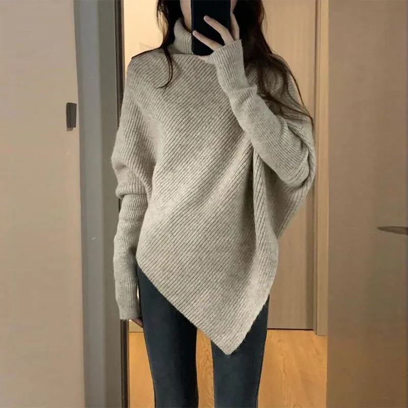 Lazy wind soft waxy knitted top thickened irregular turtleneck solid color sweater sold by Negative