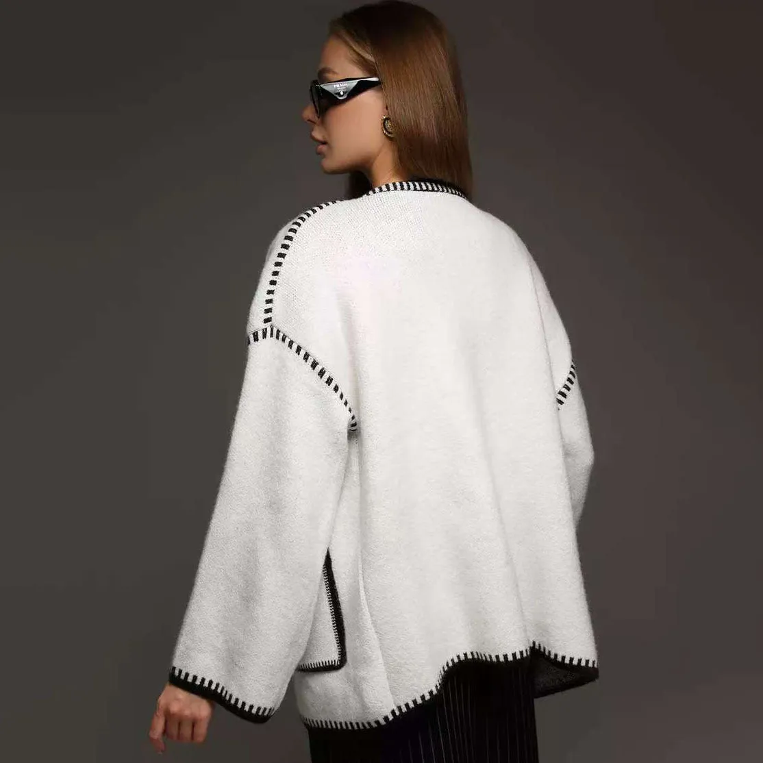 Lace-up knitted cardigan contrasting color sweater sold by Negative product image thumbnail 4