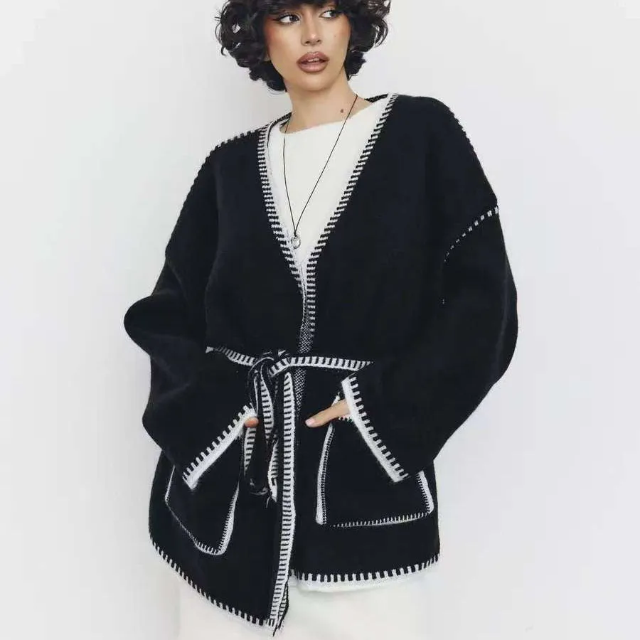 Lace-up knitted cardigan contrasting color sweater sold by Negative