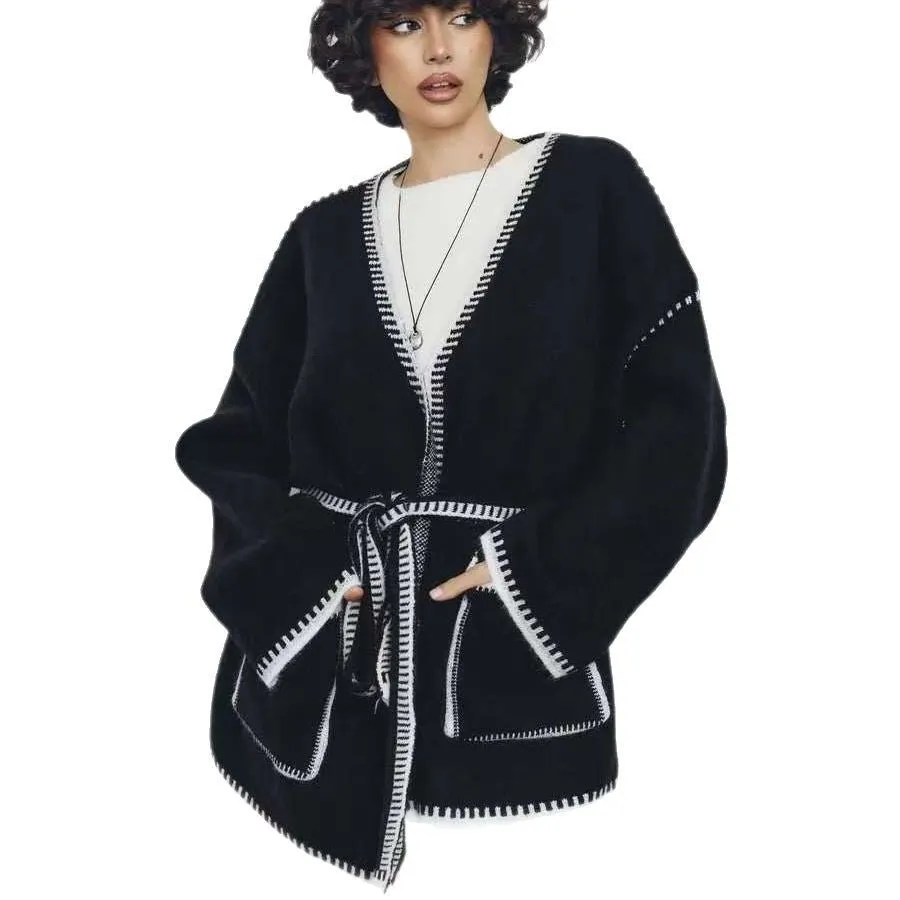 Lace-up knitted cardigan contrasting color sweater sold by Negative product image thumbnail 5