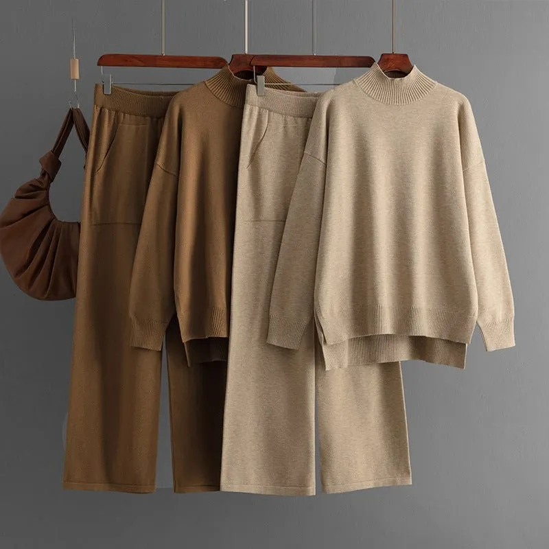 The Cozy Knit | Solid Color Semi-Turtleneck Slit Sweater & Pants Set sold by Negative