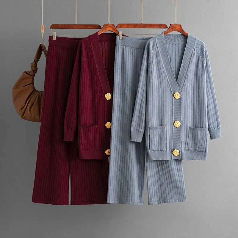 The Cozy Layer | Solid Color Loose Metal Button Cardigan & Wide-Leg Pants Set made by Negative