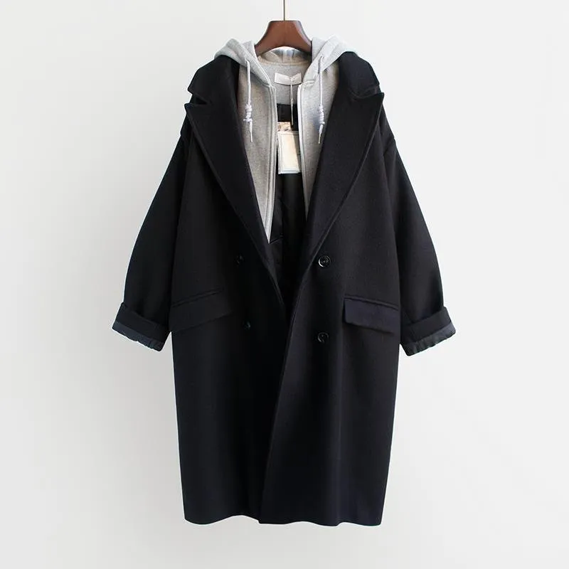 Elegant Warmth | Wool-Blend Double-Breasted Loose Coat made by Negative