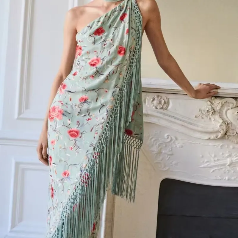 Women’s Floral Printed Irregular Dress – Sleeveless High-Waist Summer Dress with Scarf Collar & Fringe Hem | Celebrity Elegant Style sold by Negative