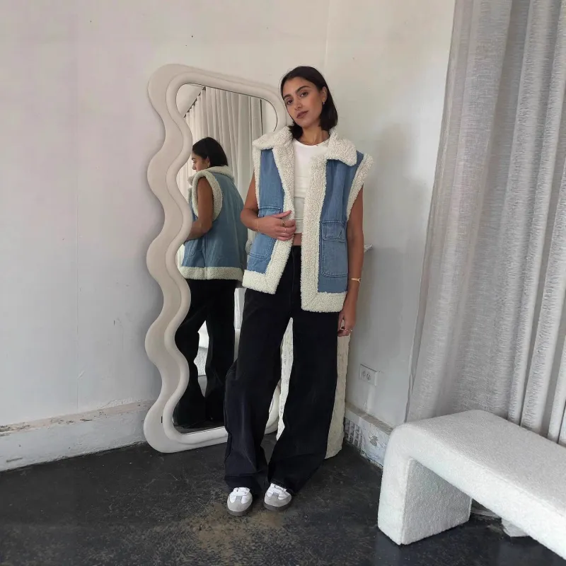 The Effortless Layer | Women's Denim Splicing Double-Sided Fur Vest sold by Negative