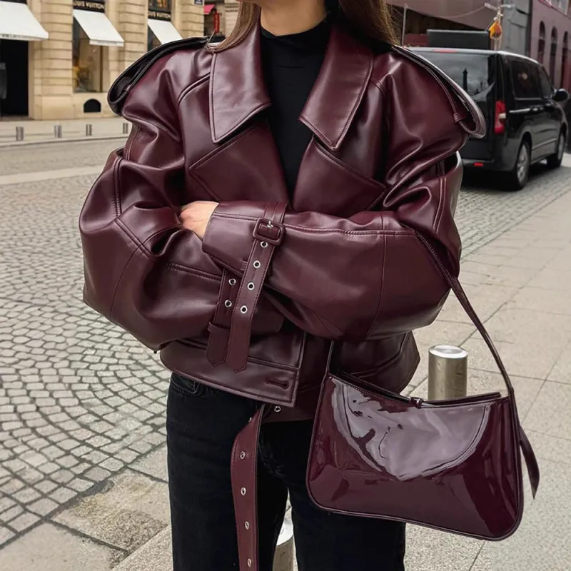Women’s Burgundy PU Leather Jacket | Short Lapel Belted Street Motorcycle Coat made by Negative