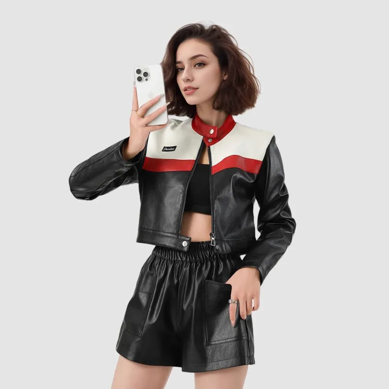 The Rebel Flame | Women's Short Red PU Leather Moto Jacket made by Negative