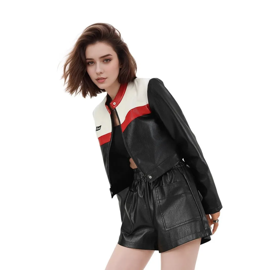 The Rebel Flame | Women's Short Red PU Leather Moto Jacket sold by Negative product image thumbnail 5