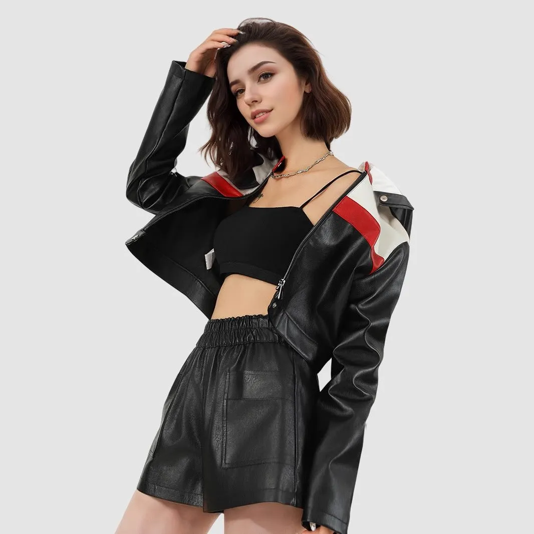 The Rebel Flame | Women's Short Red PU Leather Moto Jacket sold by Negative product image thumbnail 2