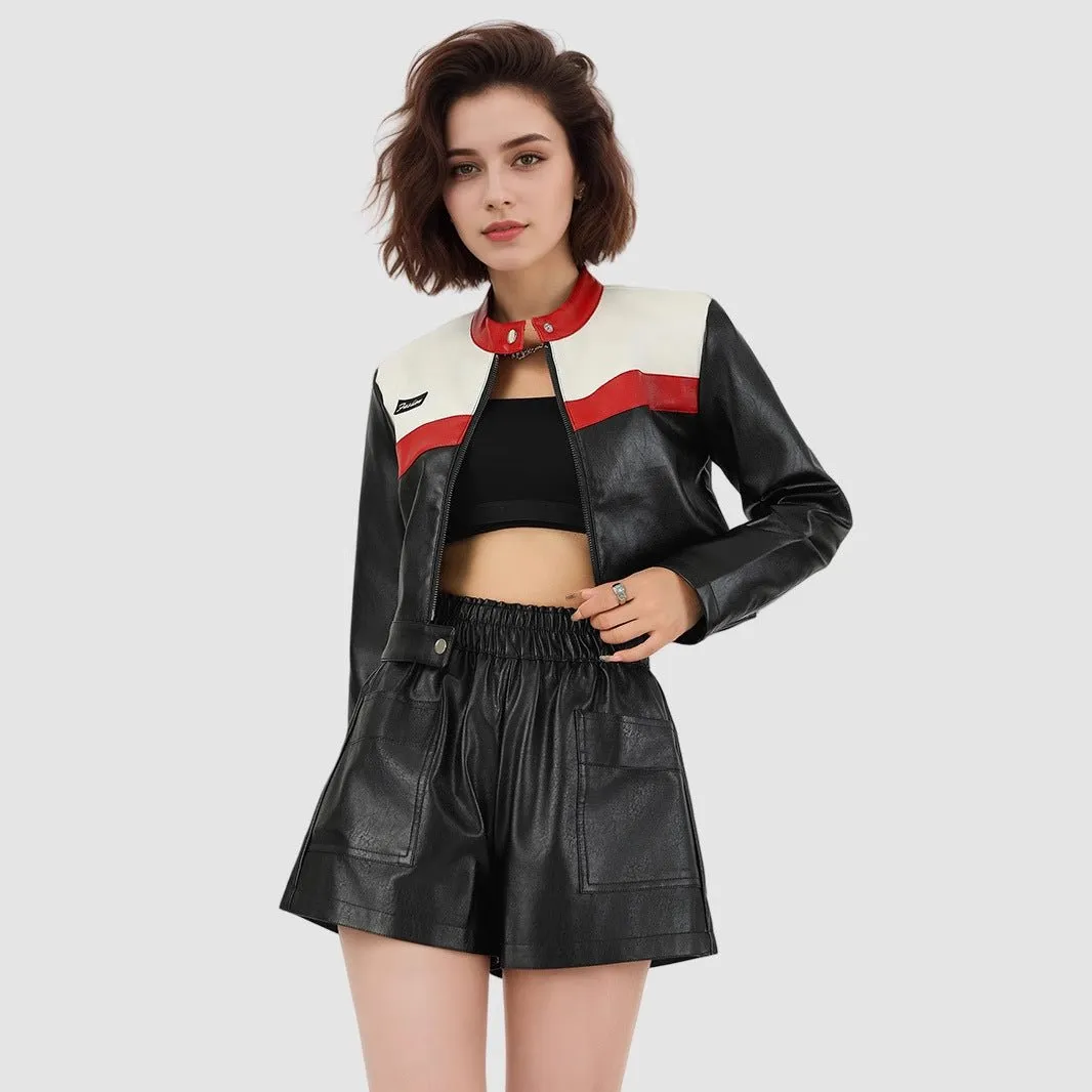 The Rebel Flame | Women's Short Red PU Leather Moto Jacket sold by Negative product image thumbnail 3
