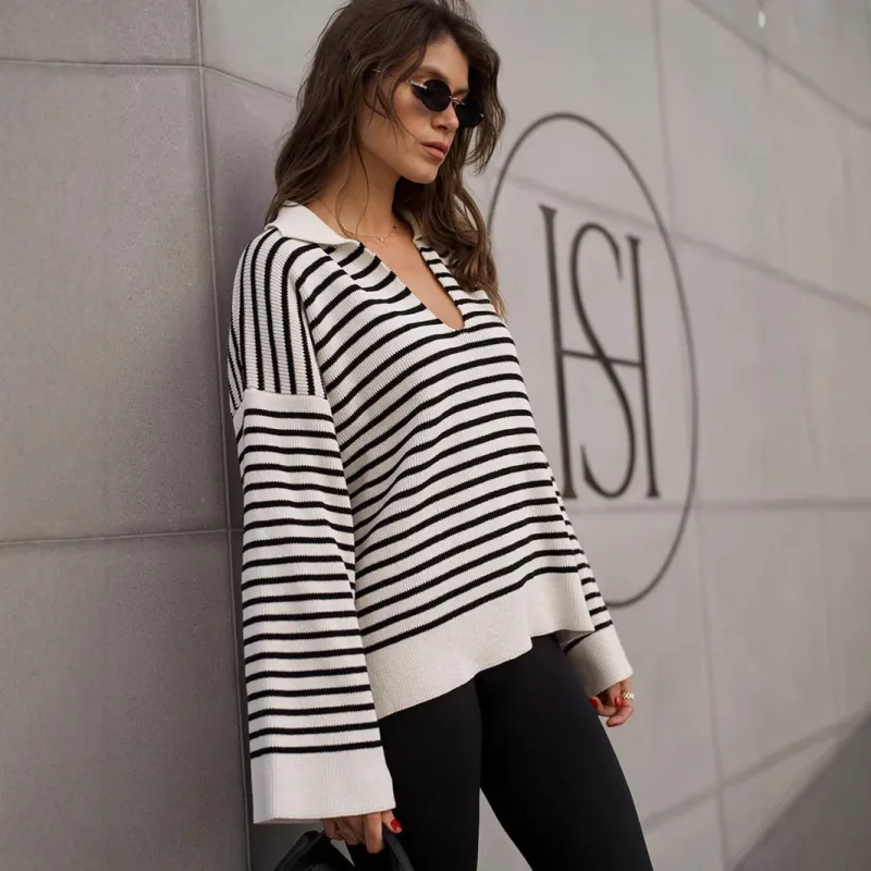 The Striped Polo | Solid Striped Long-Sleeve Knitted Pullover Sweater sold by Negative
