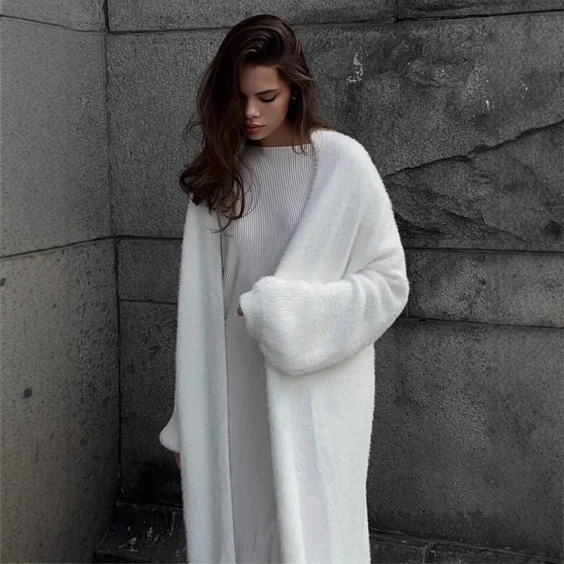 The Plush Elegance | Solid Color V-Neck Long Plush Cardigan Sweater made by Negative