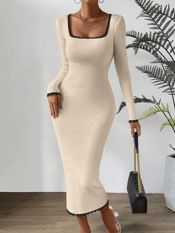 Privé Contrast Binding Square Neck Bodycon Sweater Dress made by Negative