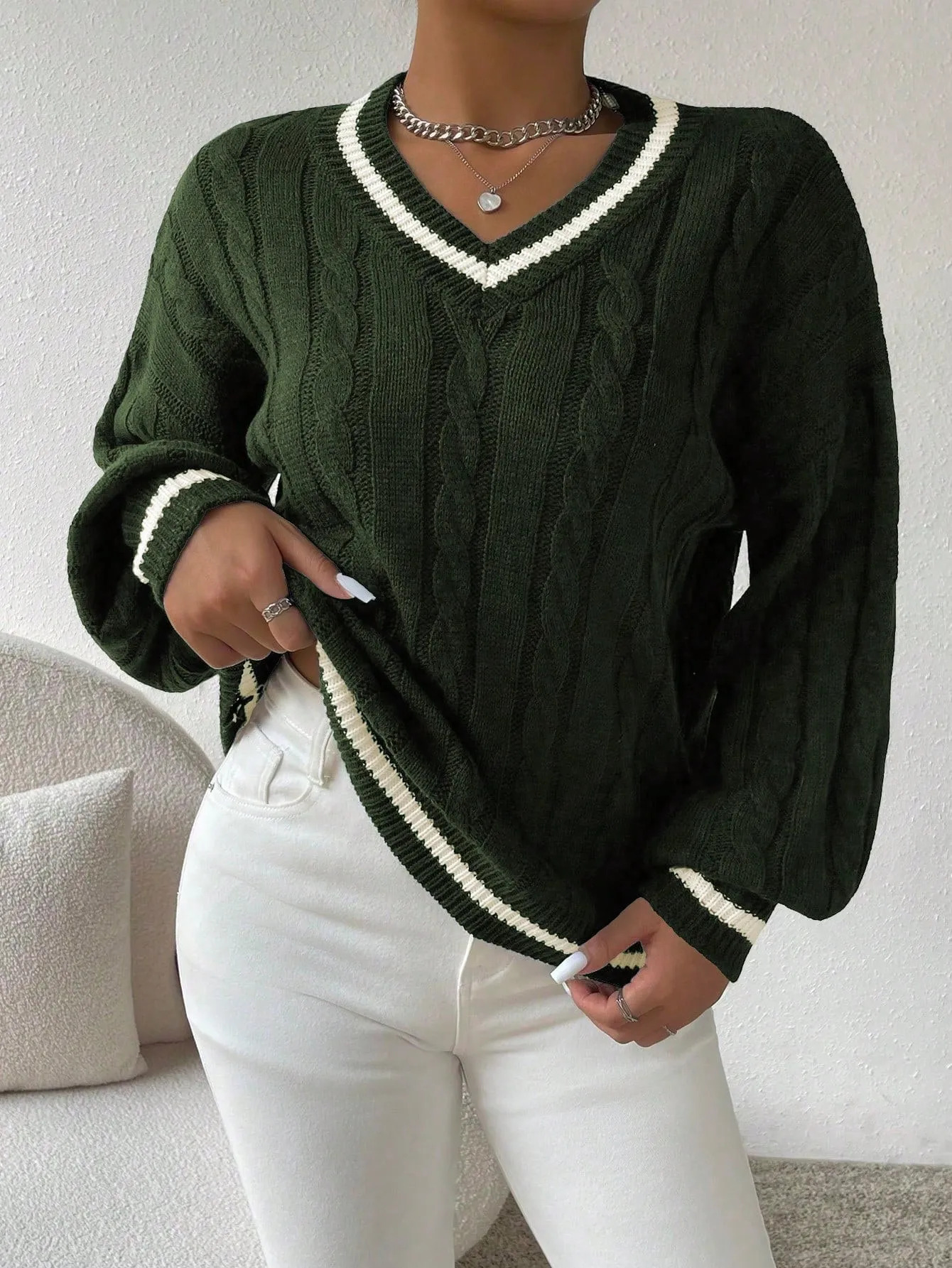 Essnce Lantern Sleeves Striped Cable Knit Sweater sold by Negative product image thumbnail 4