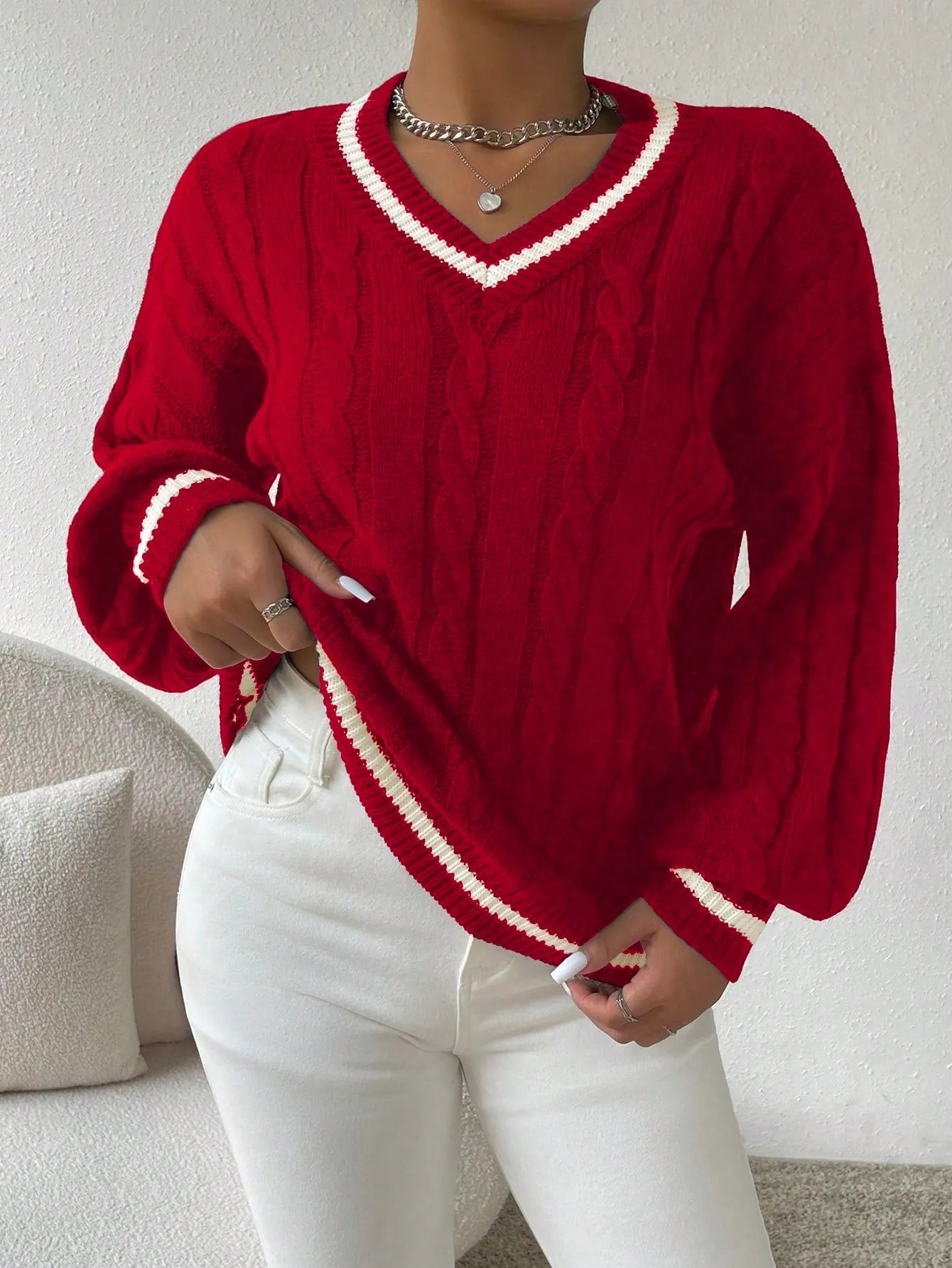 Essnce Lantern Sleeves Striped Cable Knit Sweater sold by Negative product image thumbnail 2