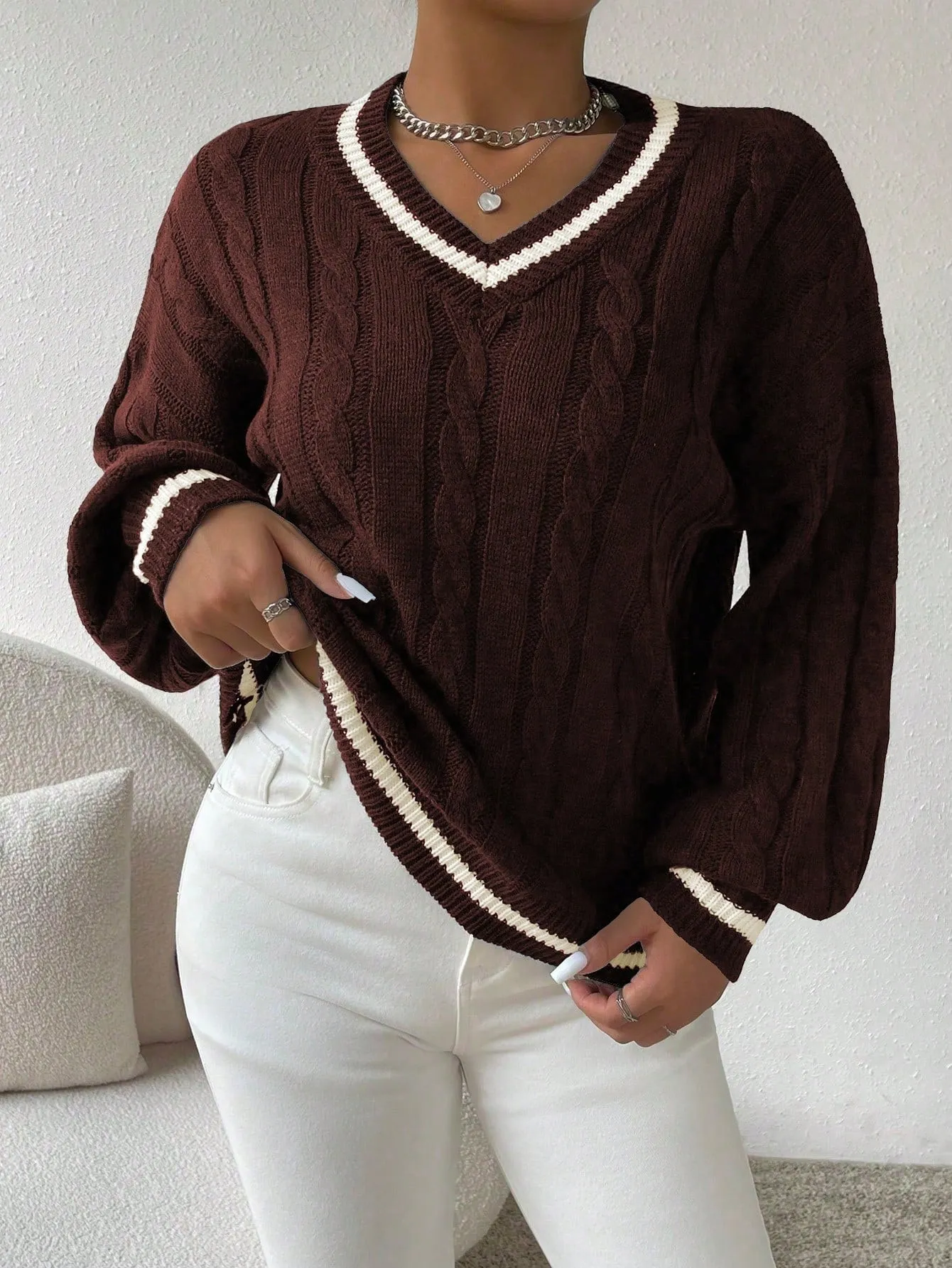 Essnce Lantern Sleeves Striped Cable Knit Sweater sold by Negative product image thumbnail 5