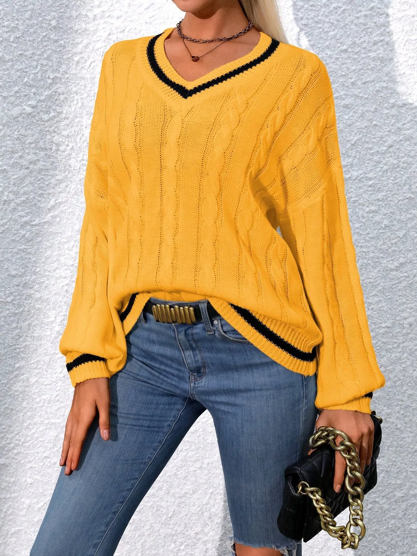 Essnce Lantern Sleeves Striped Cable Knit Sweater sold by Negative product image thumbnail 3