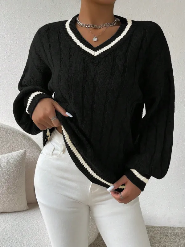 Essnce Lantern Sleeves Striped Cable Knit Sweater made by Negative