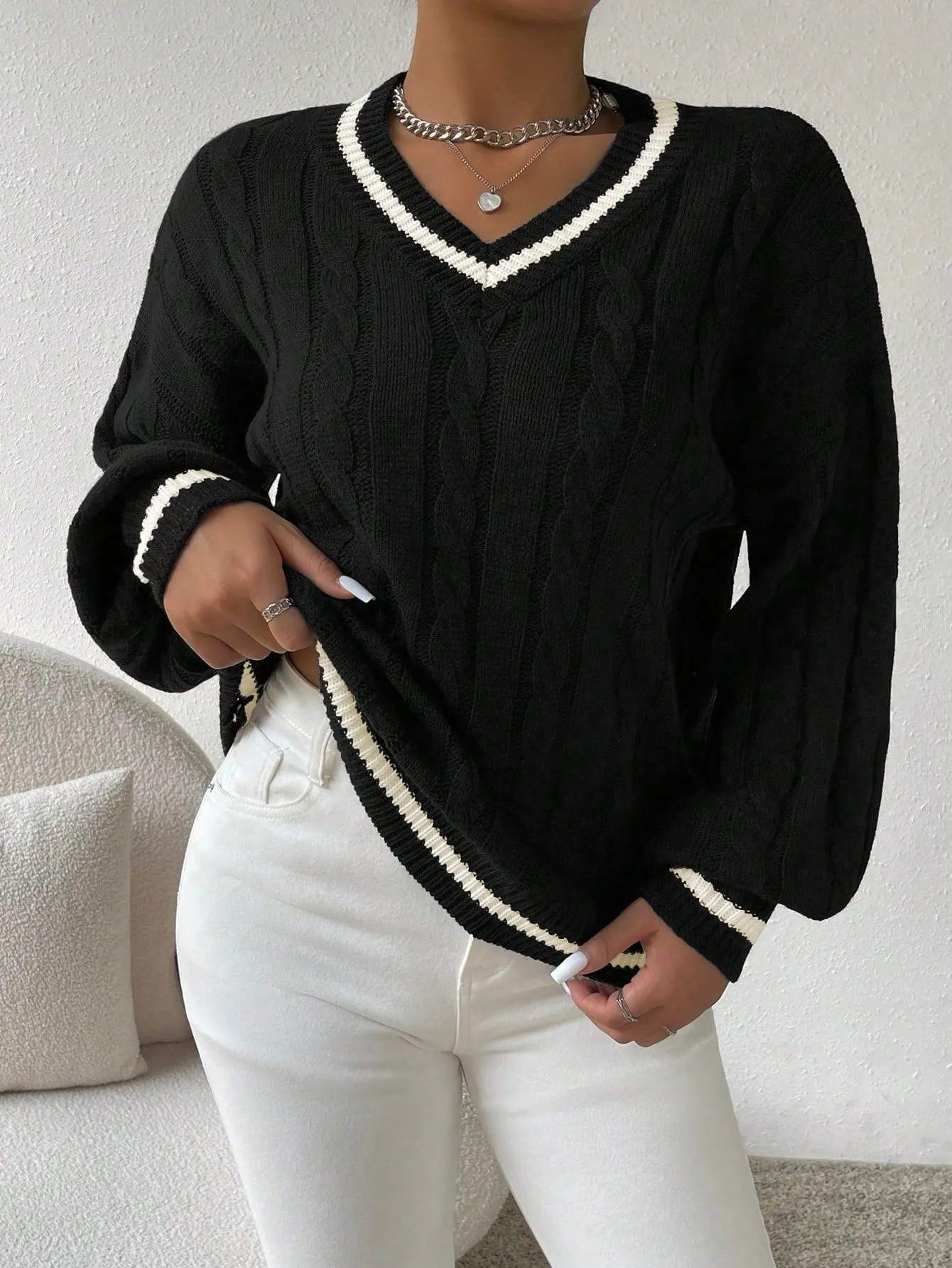 Essnce Lantern Sleeves Striped Cable Knit Sweater sold by Negative
