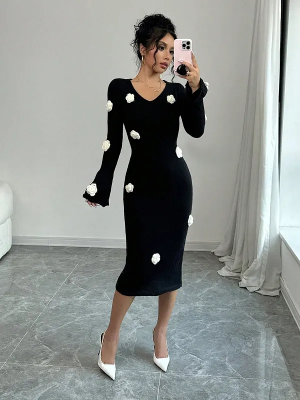 Elenzya Floral Applique V-Neck Long Sleeve Sweater Dress sold by Negative