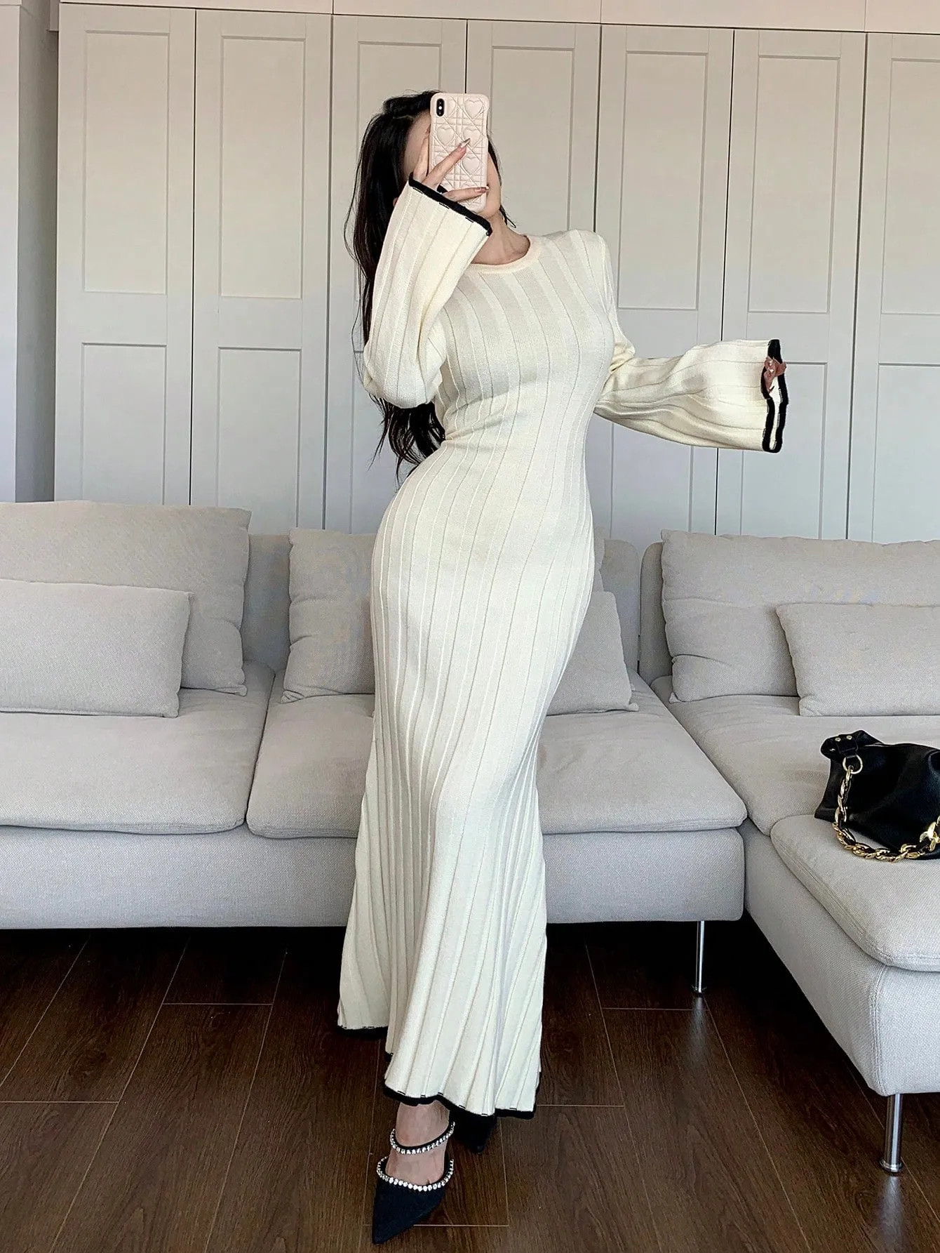 Mulvari Women's Elegant Long Flare Sleeve Knit Sweater Dress sold by Negative product image thumbnail 5