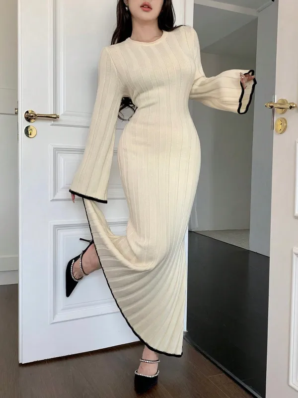 Mulvari Women's Elegant Long Flare Sleeve Knit Sweater Dress made by Negative